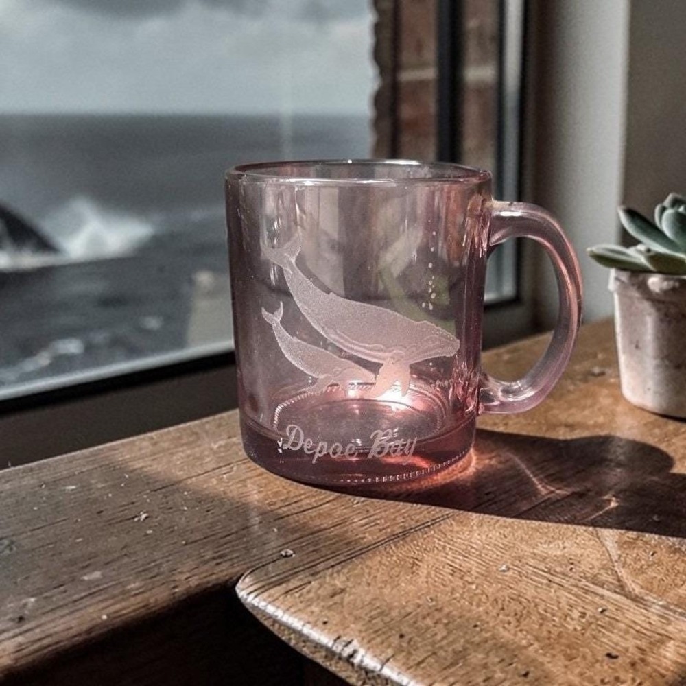 Depoe Bay Blush Pink Coffee Cup, Vintage‎ Souvenir Mug, Etched Blue Whale Design